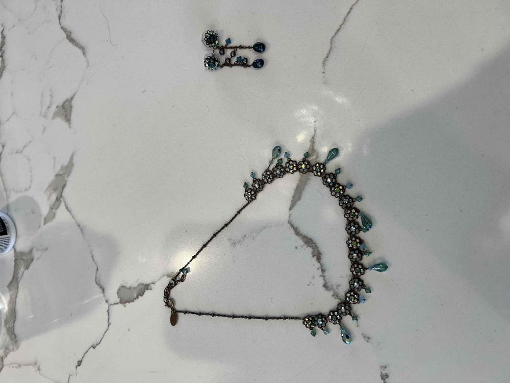 Liz Palacios Gold/ Blue Necklace and Earrings Swarovski Crystals
